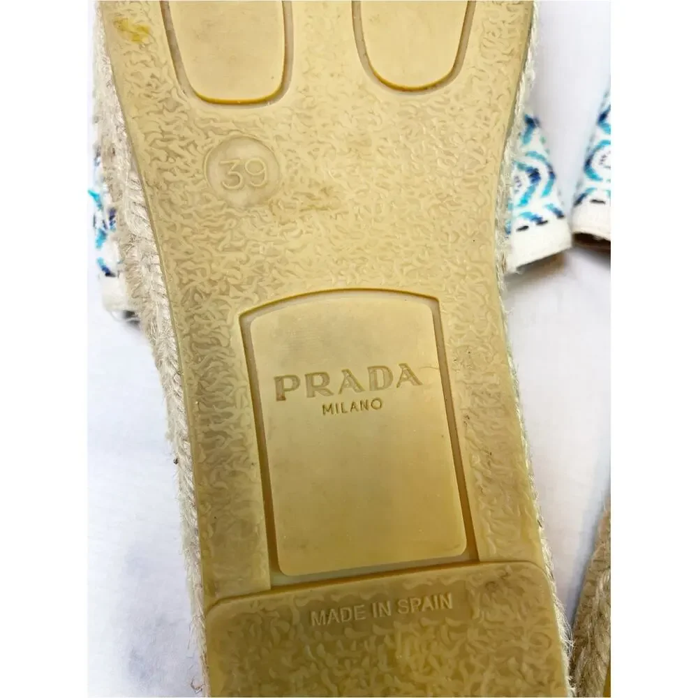 PRADA Nastro Embroidered Logo Jacquard Canvas Espadrille Mules Slip-On Sz 39 / 9